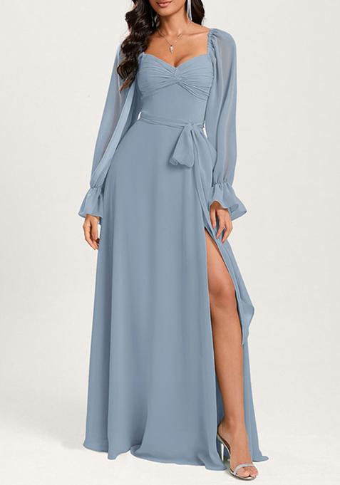 Dusty Blue Ruffled A-line Off the Shoulder Sweetheart V-Neck Chiffon Gown