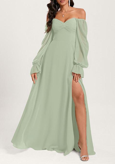 Sky Blue Ruffled A-line Off the Shoulder Sweetheart V-Neck Chiffon Gown