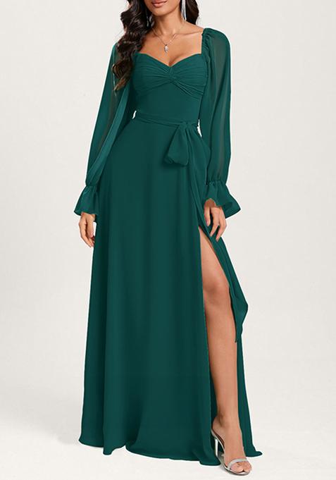 Peacock Green Ruffled A-line Off the Shoulder Sweetheart V-Neck Chiffon Gown