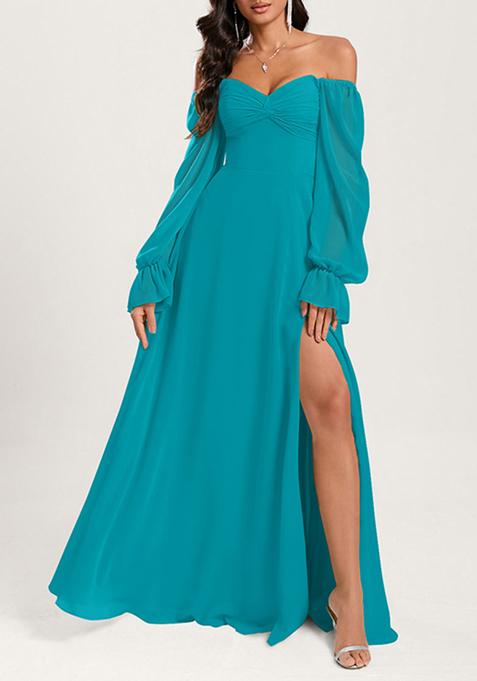 Jade Blue Ruffled A-line Off the Shoulder Sweetheart V-Neck Chiffon Gown