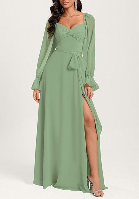 Green Ruffled A-line Off the Shoulder Sweetheart V-Neck Chiffon Gown