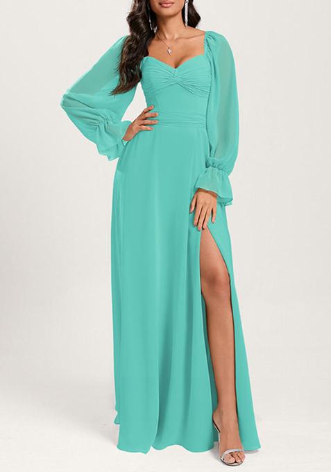 Aqua Blue Ruffled A-line Off the Shoulder Sweetheart V-Neck Chiffon Gown