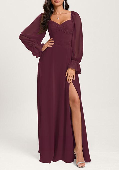 Purple Ruffled A-line Off the Shoulder Sweetheart V-Neck Chiffon Gown