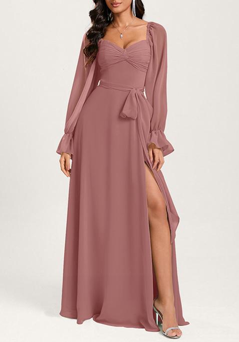 Dusty Rose Ruffled A-line Off the Shoulder Sweetheart V-Neck Chiffon Gown