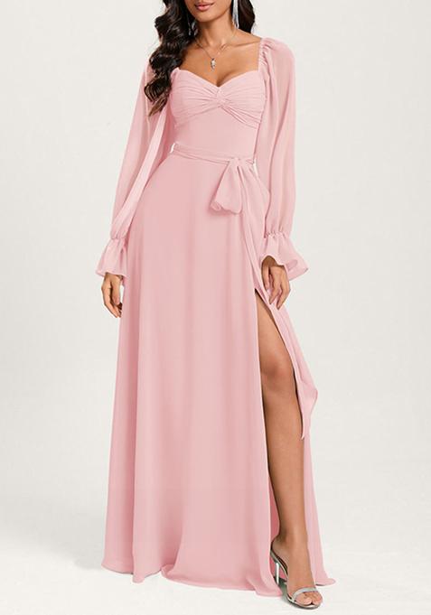 Pink Ruffled A-line Off the Shoulder Sweetheart V-Neck Chiffon Gown