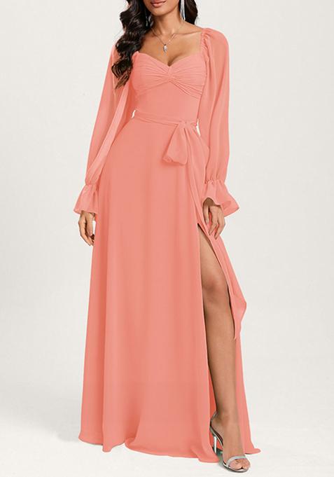 Coral Ruffled A-line Off the Shoulder Sweetheart V-Neck Chiffon Gown