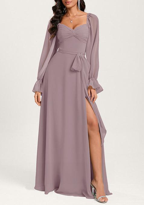 Purple Ruffled A-line Off the Shoulder Sweetheart V-Neck Chiffon Gown