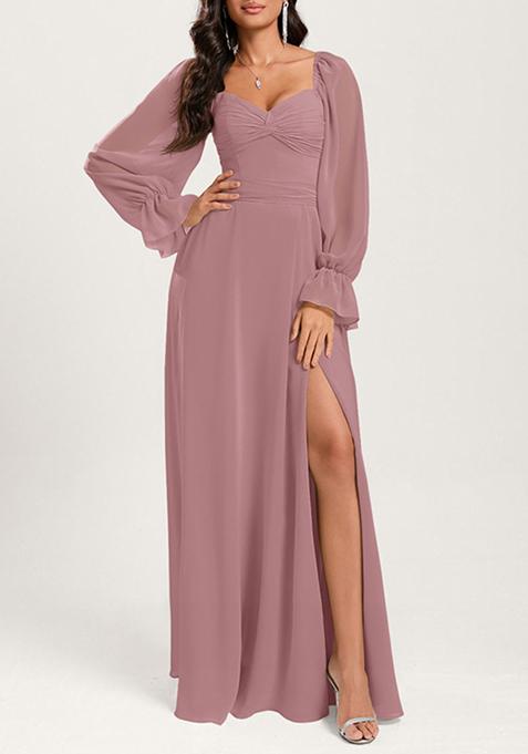 Vintage Mauve Ruffled A-line Off the Shoulder Sweetheart V-Neck Chiffon Gown