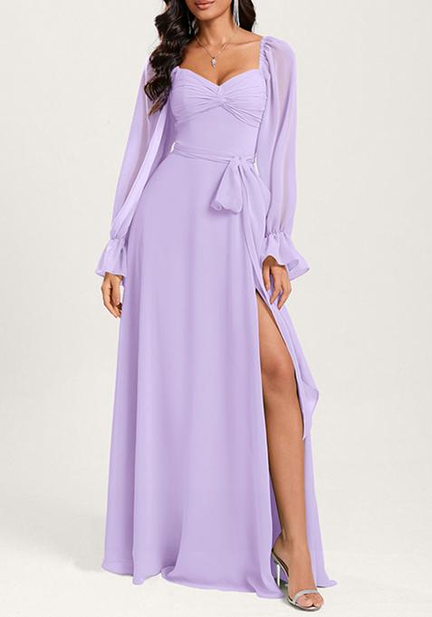 Lilac Ruffled A-line Off the Shoulder Sweetheart V-Neck Chiffon Gown