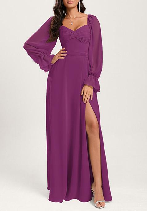 Purple Ruffled A-line Off the Shoulder Sweetheart V-Neck Chiffon Gown