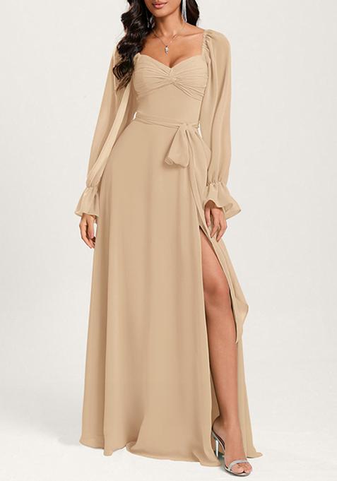 Beige Ruffled A-line Off the Shoulder Sweetheart V-Neck Chiffon Gown