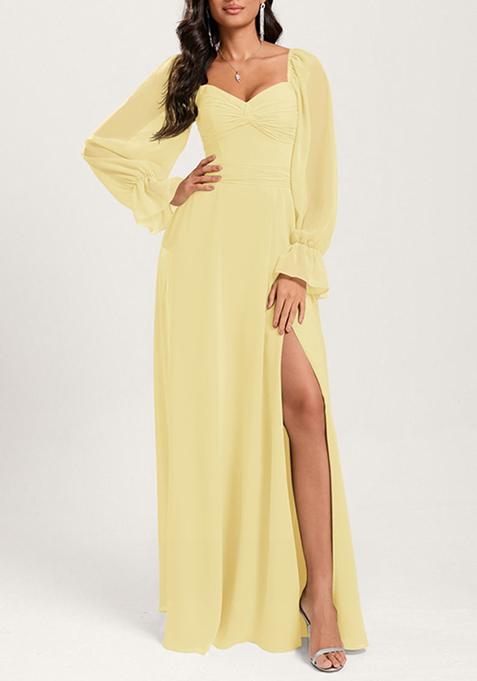 Yellow Ruffled A-line Off the Shoulder Sweetheart V-Neck Chiffon Gown