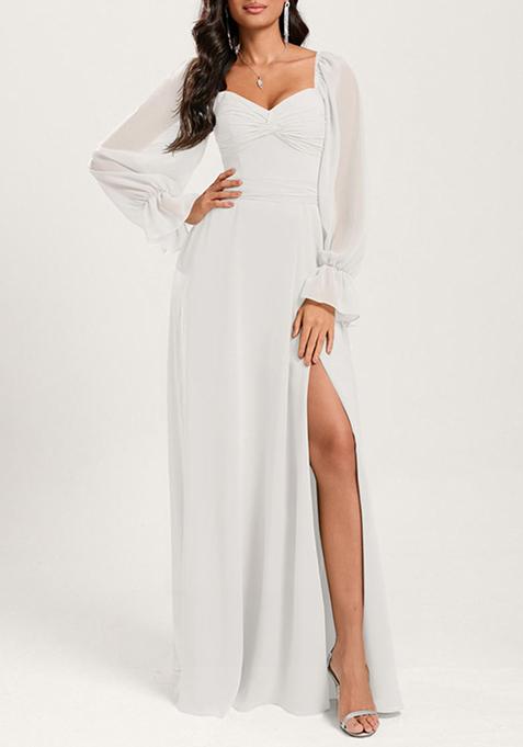 Ivory Ruffled A-line Off the Shoulder Sweetheart V-Neck Chiffon Gown