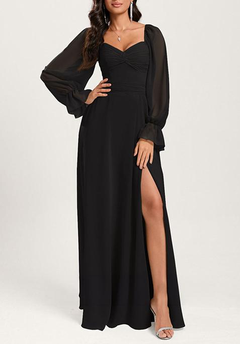 Black Ruffled A-line Off the Shoulder Sweetheart V-Neck Chiffon Gown