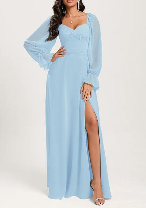 Sky Blue Ruffled A-line Off the Shoulder Sweetheart V-Neck Chiffon Gown