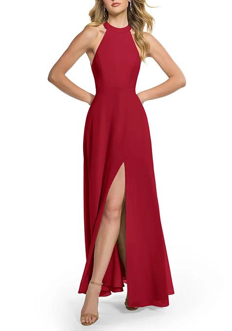 Bright Red A-Line Halter Chiffon Gown