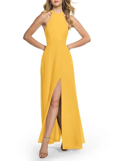 Yellow A-Line Halter Chiffon Gown