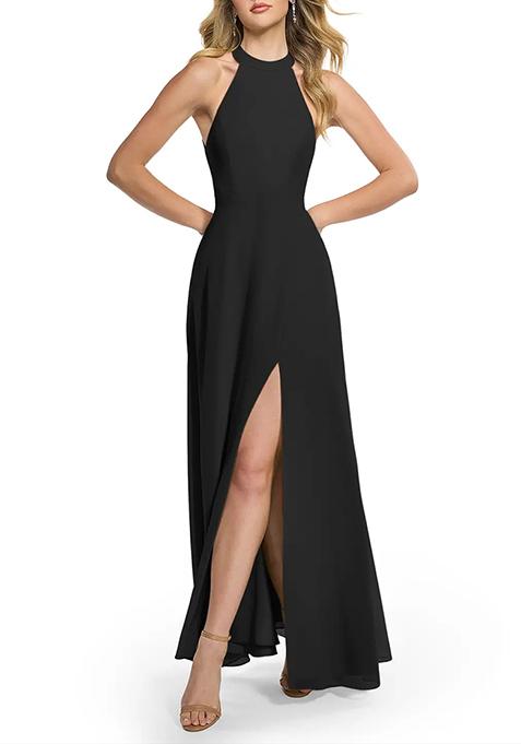 Black A-Line Halter Chiffon Gown