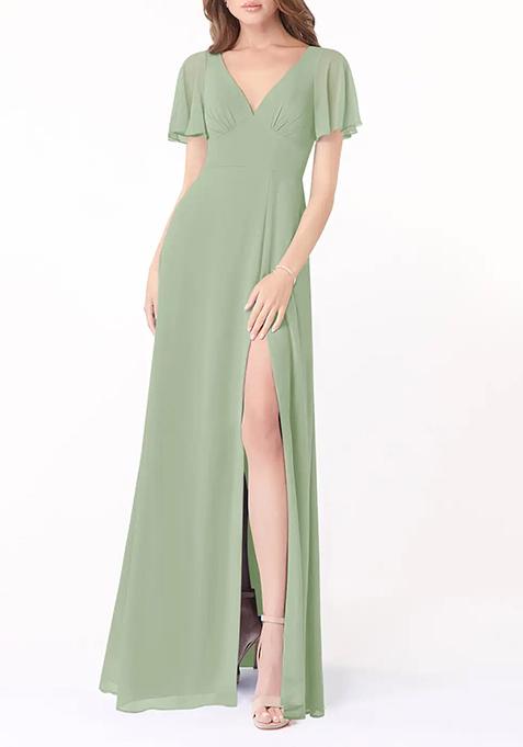 Sage Green A-Line Flounce Sleeve Gown