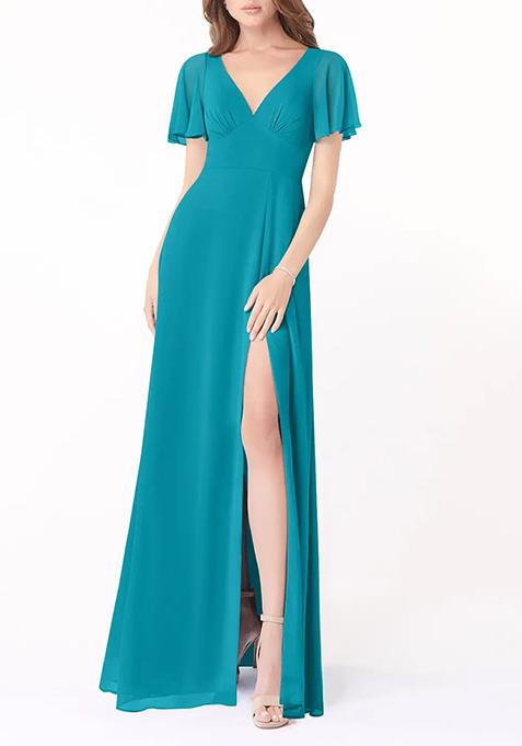 Blue A-Line Flounce Sleeve Gown