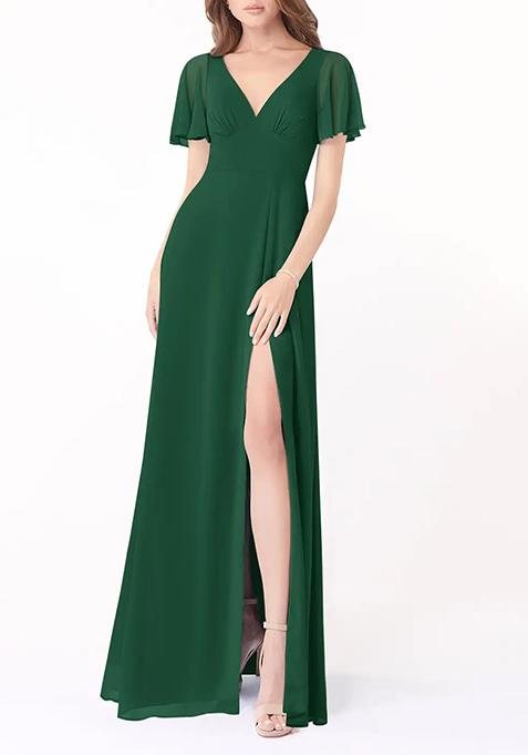 Dark Green A-Line Flounce Sleeve Gown