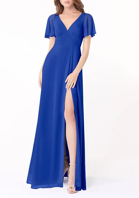 Royal Blue A-Line Flounce Sleeve Gown