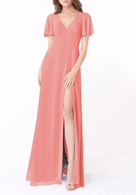 Coral A-Line Flounce Sleeve Gown