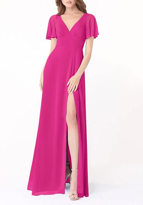 Fuchsia A-Line Flounce Sleeve Gown