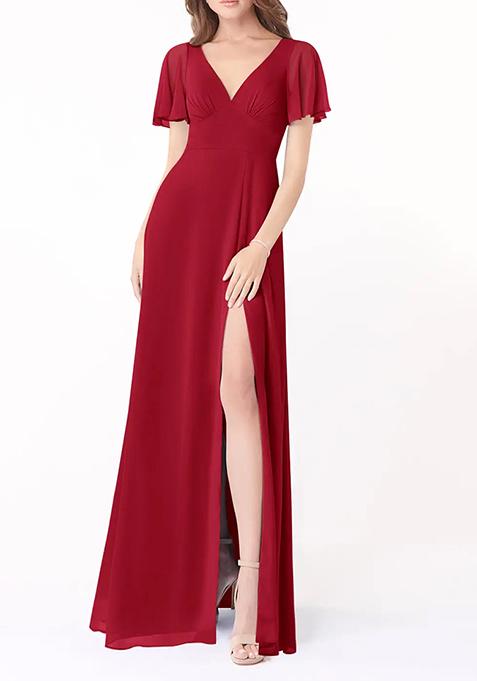 Bright Red A-Line Flounce Sleeve Gown