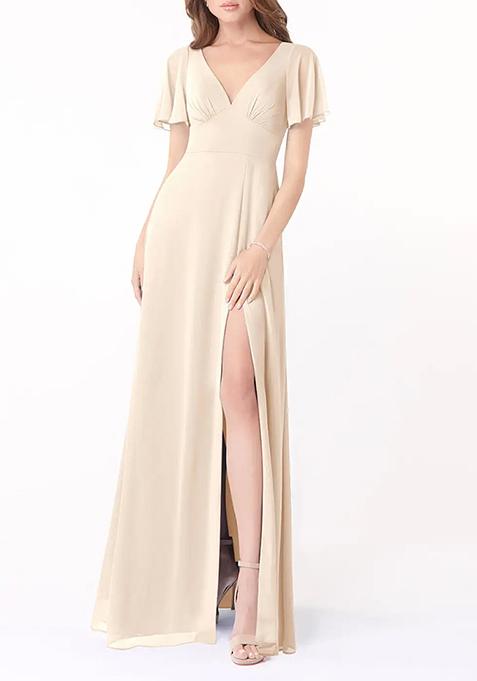 White Alabaster A-Line Flounce Sleeve Gown