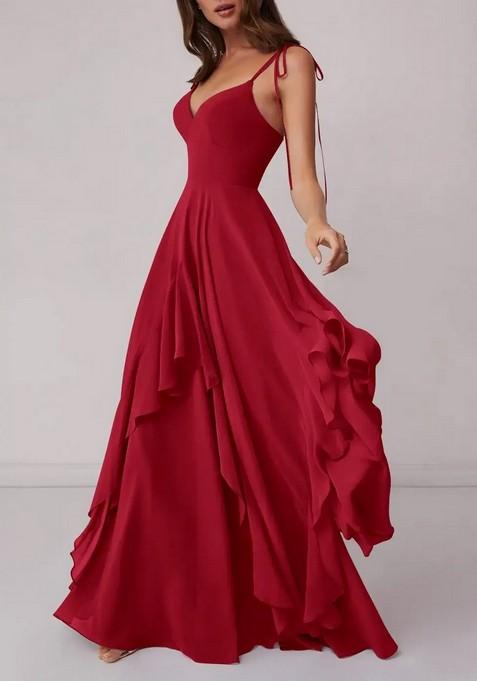 Bright Red Tiered A-line Chiffon Gown