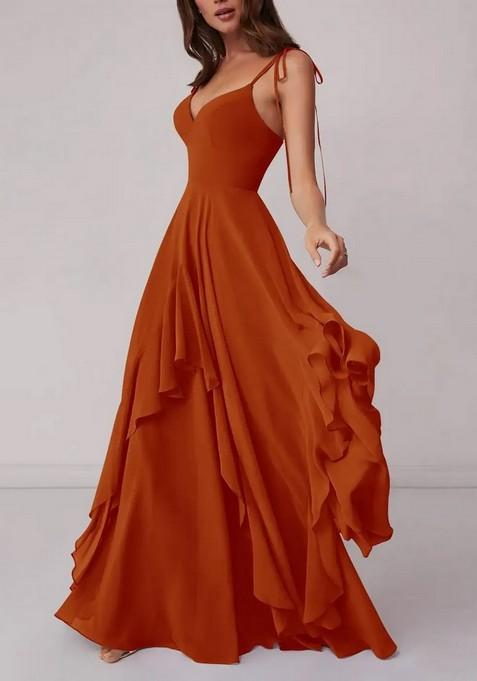 Dark Orange Tiered A-line Chiffon Gown