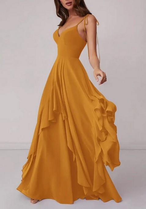 Mustard Tiered A-line Chiffon Gown