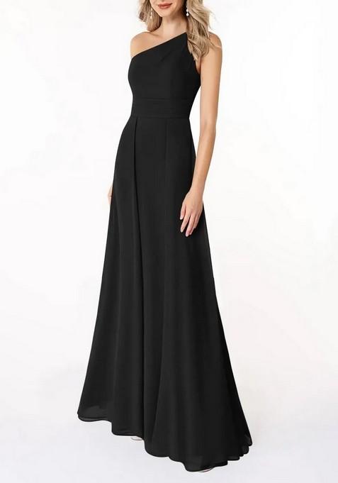 Black A-Line Pleated One Shoulder Gown