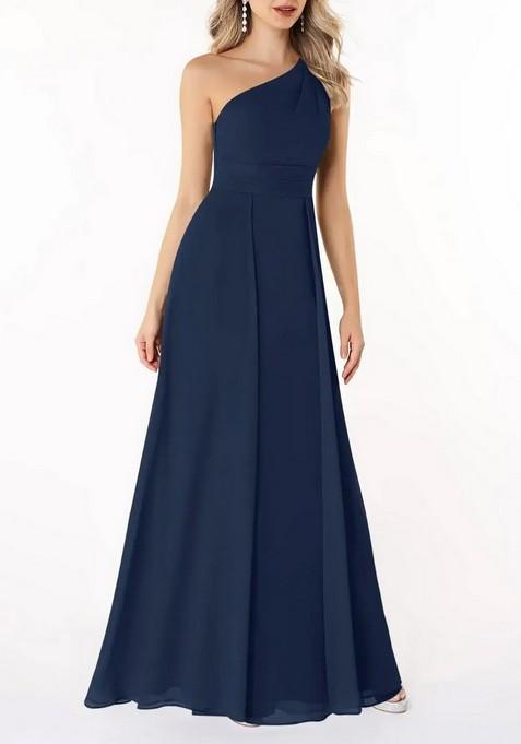 Dark Navy A-Line Pleated One Shoulder Gown