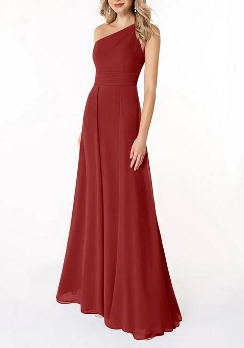 Rust A-Line Pleated One Shoulder Gown