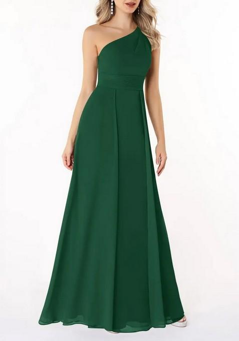 Dark Green A-Line Pleated One Shoulder Gown