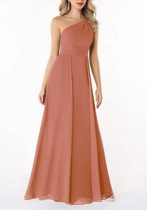 Light Brown A-Line Pleated One Shoulder Gown