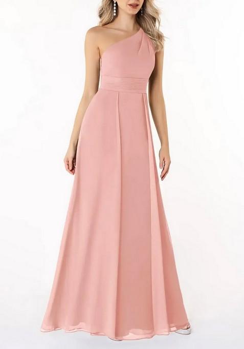 Light Pink A-Line Pleated One Shoulder Gown