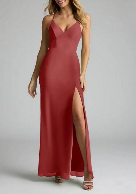 Rust Fitted V-Neck Chiffon Gown