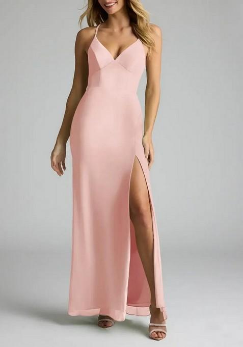 Light Pink Fitted V-Neck Chiffon Gown