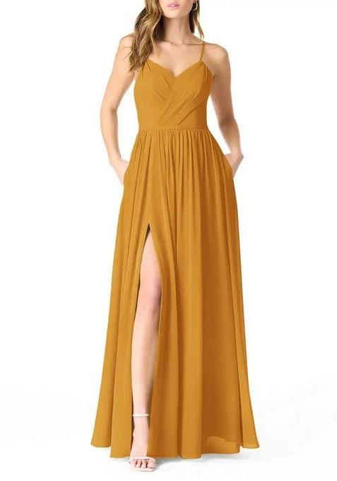 Mustard A-Line Pleated Chiffon Gown