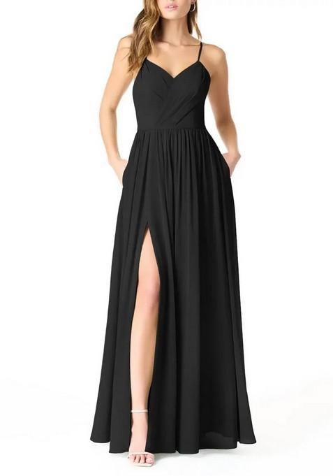 Black A-Line Pleated Chiffon Gown