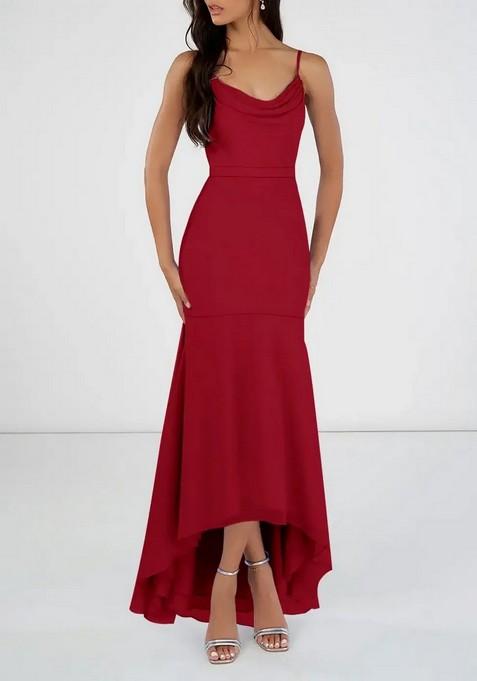 Bright Red Mermaid Scoop Cowl Gown