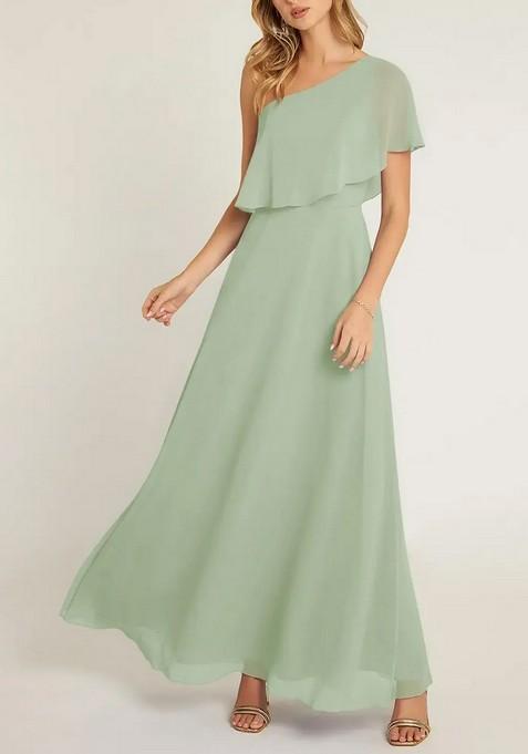 Sage Green A-Line One Shoulder Chiffon Gown