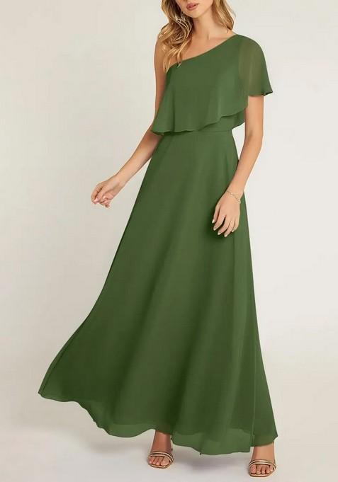 Olive A-Line One Shoulder Chiffon Gown