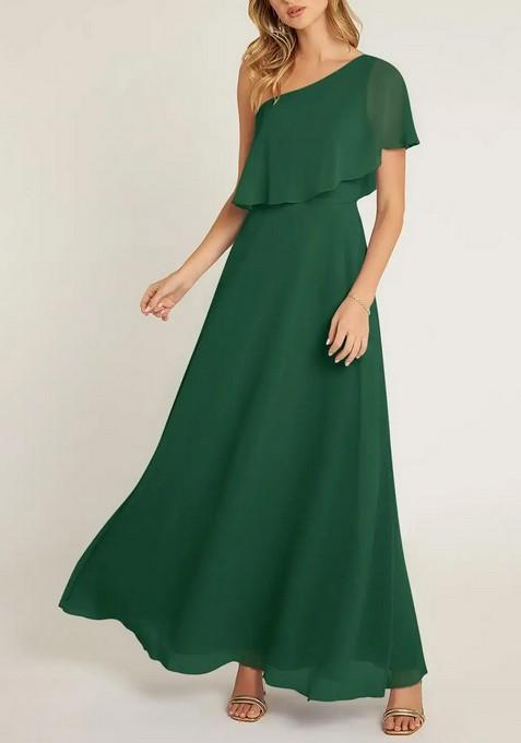 Dark Green A-Line One Shoulder Chiffon Gown