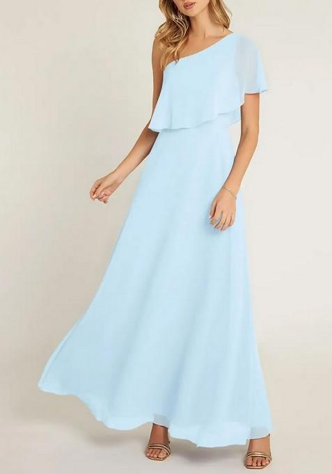 Sky Blue A-Line One Shoulder Chiffon Gown