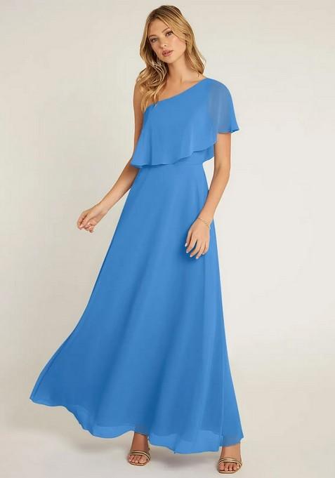 Blue Jay A-Line One Shoulder Chiffon Gown