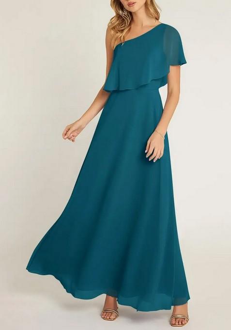 Ink Blue A-Line One Shoulder Chiffon Gown